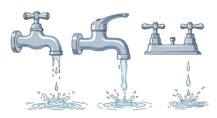 Three distinct metal faucets with water flowing and splashing.