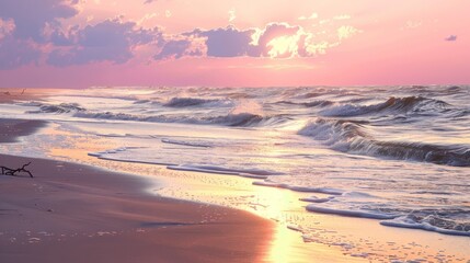 Serene Sunset Beach Scene with Pink Purple Sky and Gentle Ocean Waves