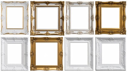 Eight white picture frames with gold detailing, arranged in a grid