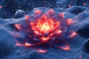 Red flower engulfed by fire amid snow.