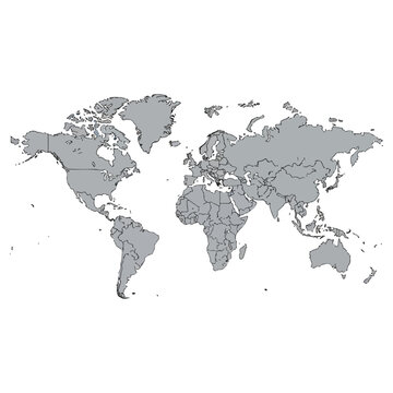 World Map Depicting Countries and Continents in Gray Tones.