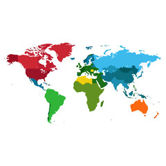 World Map Showing Continents and Countries in Different Colors.