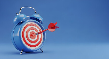 Blue alarm clock with target bullseye and dart in center symbolizing time management , and goal focus concept on yellow background. 3D Rendering. 3D Rendering