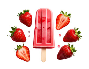 Pink strawberry ice pop surrounded by whole and sliced strawberries