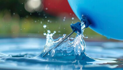 Blue balloon bursts in water splash
