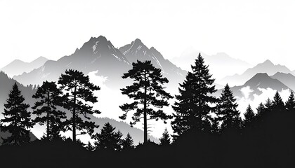 Black and white mountain range silhouette with trees