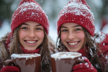 girls in winter clothing holding coffee cups.