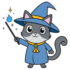 Cartoon Wizard Cat with Magic Wand and Blue Hat