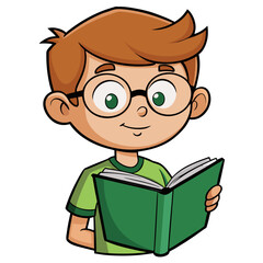 Cartoon Boy Reading a Book with Glasses and Green Shirt