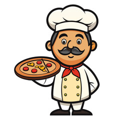 Cartoon Chef Holding a Pizza with Red Bowtie and Mustache
