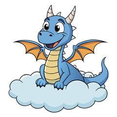 Cartoon Blue Dragon Sitting on Cloud with Orange Wings