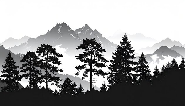 Black and white mountain range silhouette with trees - Powered by Adobe