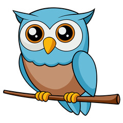 Cartoon Blue Owl Sitting on Branch with Large Eyes