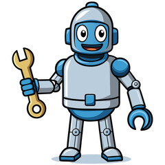 Cartoon Robot Holding Wrench with Mechanical Design