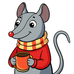 Cartoon Mouse with Red Nose Wearing Scarf Holding a Mug