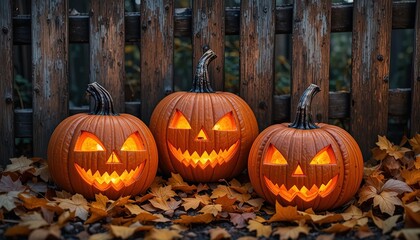 Obraz premium Illuminated jack-o'-lanterns carved with smiling faces, sit among autumn leaves, presenting a festive ambiance near a rustic wooden fence on a seasonal, autumnal evening.
