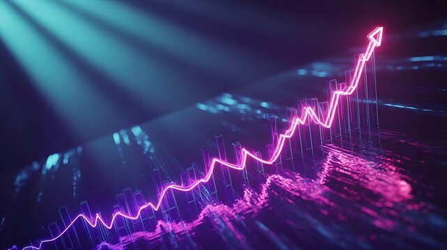 Glowing neon graph ascending with upward arrow abstract