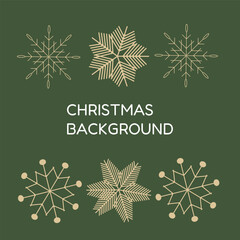 Set of six golden snowflake in various elegant ornate style on traditional green background. Christmas background. Vector design element