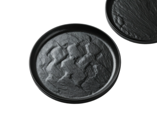 Two dark gray circular plates, textured like stone