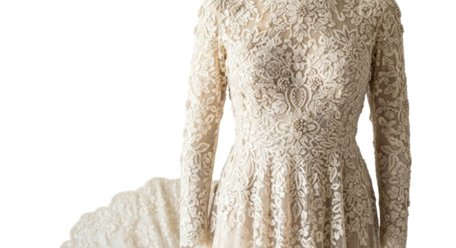 Vintage lace wedding dress with long sleeves isolated PNG with Transparent Background