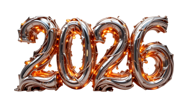 2026 New Year Balloon Numbers PNG Transparent Background Metallic Multicolor Digits Wrapped in Orange String Lights