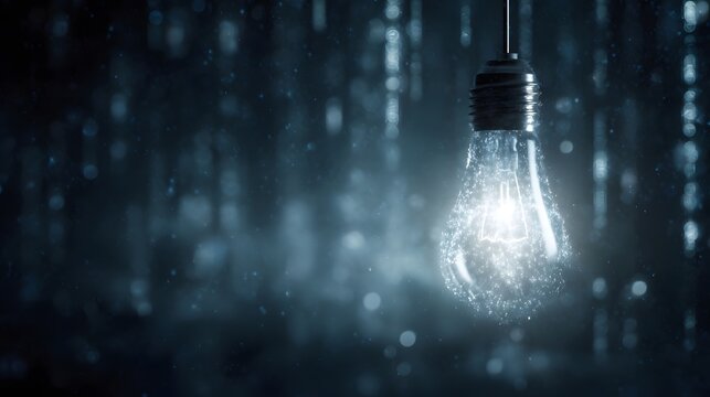 A glowing light bulb filled with digital particles symbolizes innovation and futuristic technology against a dark abstract background