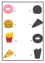 Matching game for kids to find food shadows like fries, burger, and donuts. Matching shadow activity for kids