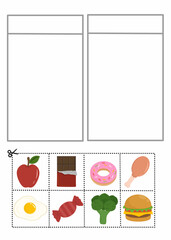 Cut and paste worksheet for kids to sort healthy and unhealthy foods.