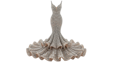 Elegant wedding gown with mermaid silhouette and ruffled train isolated PNG with Transparent Background