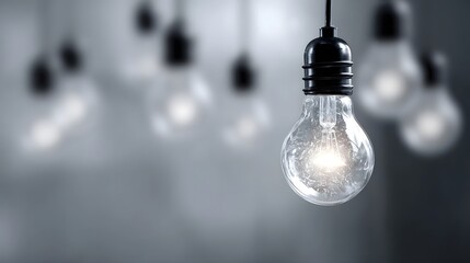 A single lit light bulb glows brightly standing out from a group of dark out of focus bulbs