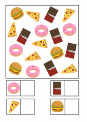 Fun worksheet for kids to count foods like donuts, pizza, chocolate, and burgers. How many worksheet for kids