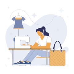 Woman sewing at a sewing machine creating fashion design vector illustration for creative hobby and small business concepts