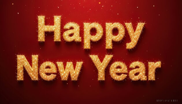 Festive greeting celebrates the arrival of a new year, presenting glittering gold text on a rich, deep red background with subtle bokeh effect, perfect for holiday cards and digital media. - Powered by Adobe