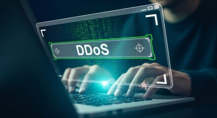 Cybersecurity Attack: A person skillfully navigates a digital landscape, targeting a DDoS attack on a computer, highlighting the constant vigilance required in modern security measures.