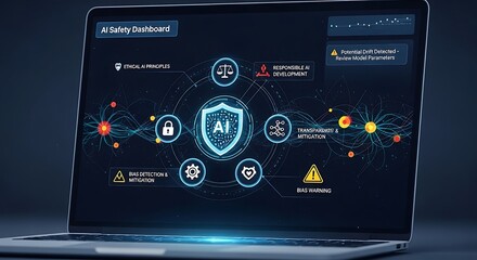 AI safety dashboard displayed on a laptop screen showing ethical principles and warnings