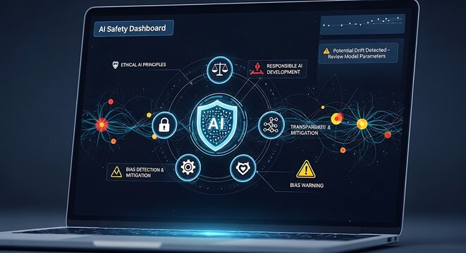 AI safety dashboard displayed on a laptop screen showing ethical principles and warnings
