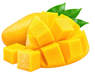 Close-up of a mango, cubed, with vibrant yellow flesh and green leaves