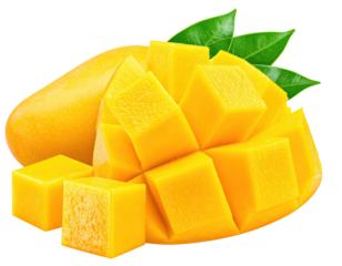 Close-up of a mango, cubed, with vibrant yellow flesh and green leaves