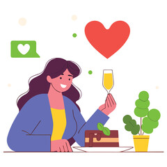 Woman enjoying cake and champagne a vector illustration for celebrating love isolated on white background