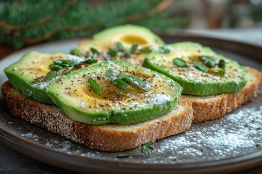 Avocado on a plate with powdered sugar.
