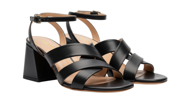 Women's fashion black leather block heel summer sandals isolated PNG with Transparent Background