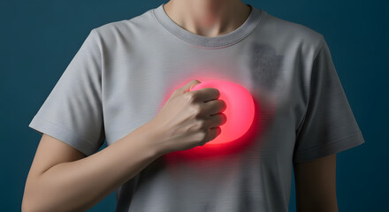 Painful, Heart Attack Concept. Young Adult Woman Squeezed a Red Balloon against her Chest. Heart Disease or feeling very Heartbreak and Sorrow