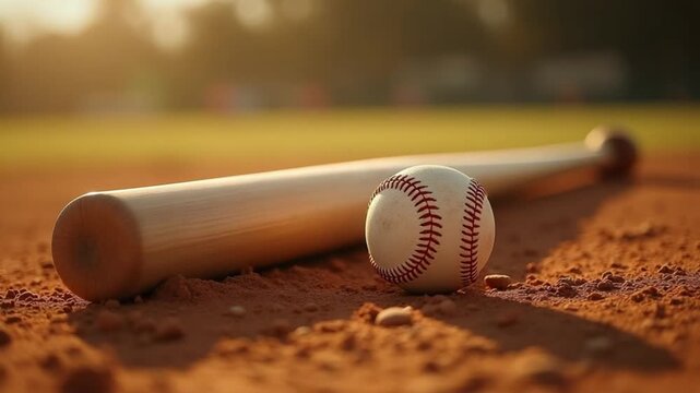 A classic baseball and wooden bat rest on the dirt of a sunlit field during the golden hour.