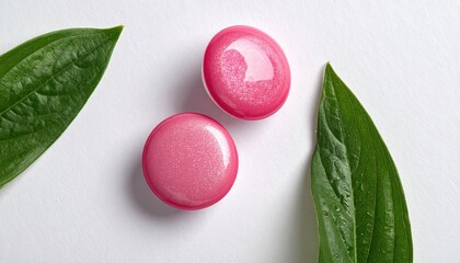 Two glossy pink discs, nestled amongst vibrant green leaves, on a white surface