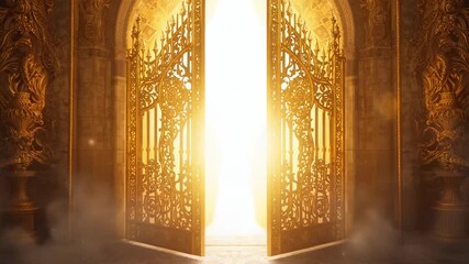Beam escaping crack causing golden gates swinging open in palace hall, bathing mist in bright light - Powered by Adobe