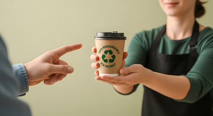 Recycled Packaging Concept. Barista Giving a Hot Cup of Coffee to customer. Zero Waste Materials. Environment Care, Reuse, Renewable for Sustainable Lifestyle. POV view
