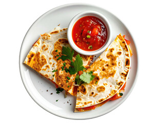 Two quesadillas, sliced, on a white plate, with a small bowl of salsa and parsley