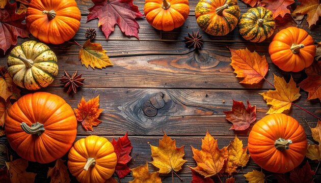 Autumn pumpkins and leaves on rustic wood (2) - Powered by Adobe