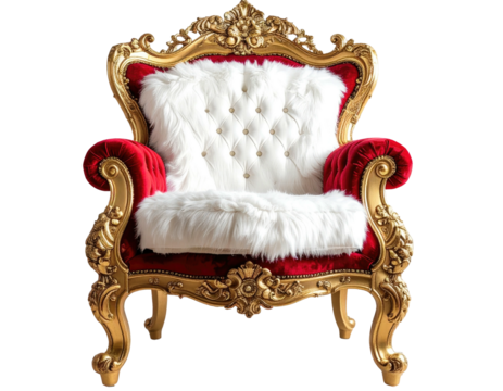 Ornate gold-framed red velvet throne chair with white fur cushion