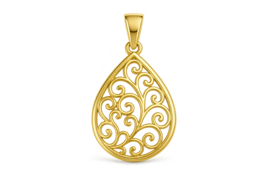Elegant gold filigree teardrop pendant isolated on transparent background